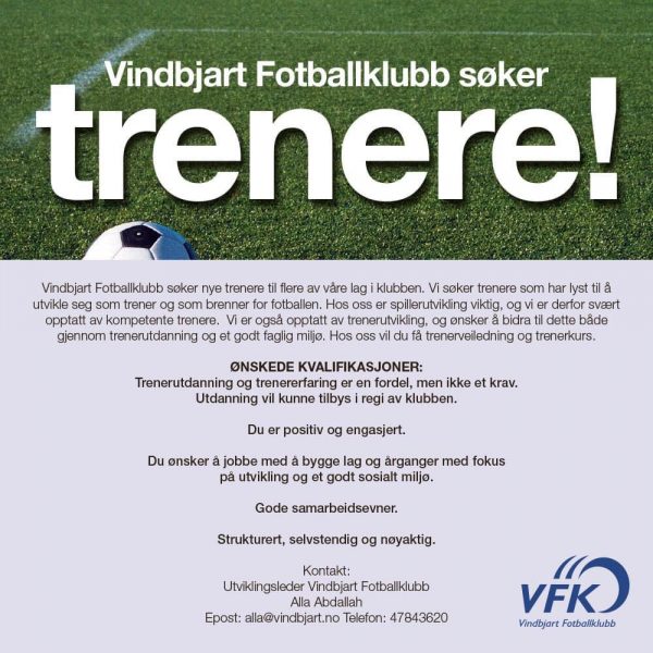 Vindbjart Fotballklubb søker trenere til sesongen 2023