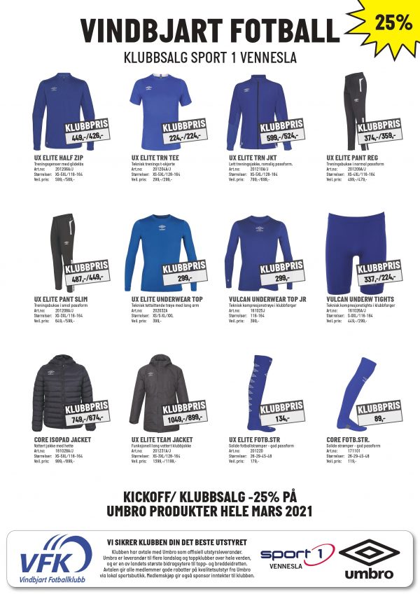 Klubbsalg på Sport1 Vennesla i mars med 25 % på Umbro-produkter